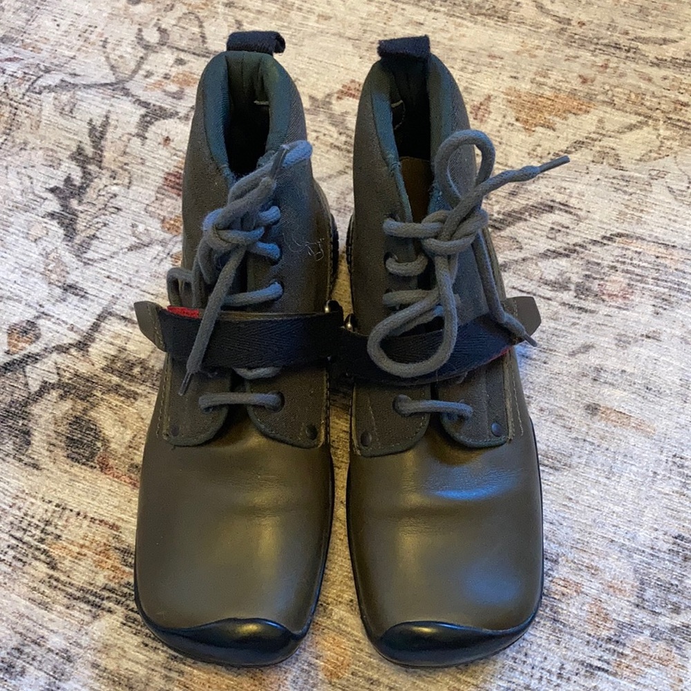 Olive green canvas and leather Prada sneaker/bootie. EUC.